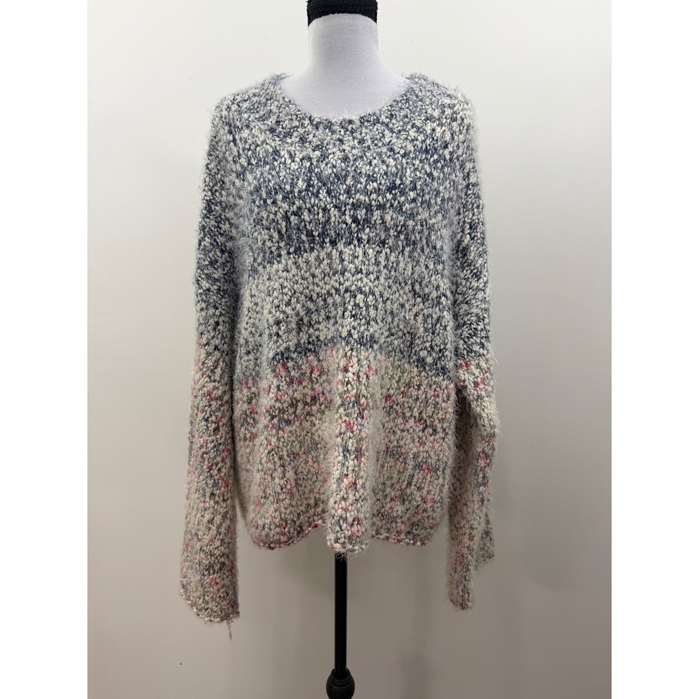 Venus Womens XL Eyelash Knit Sweater Navy Pink White Colorblock Popcorn Pullover
